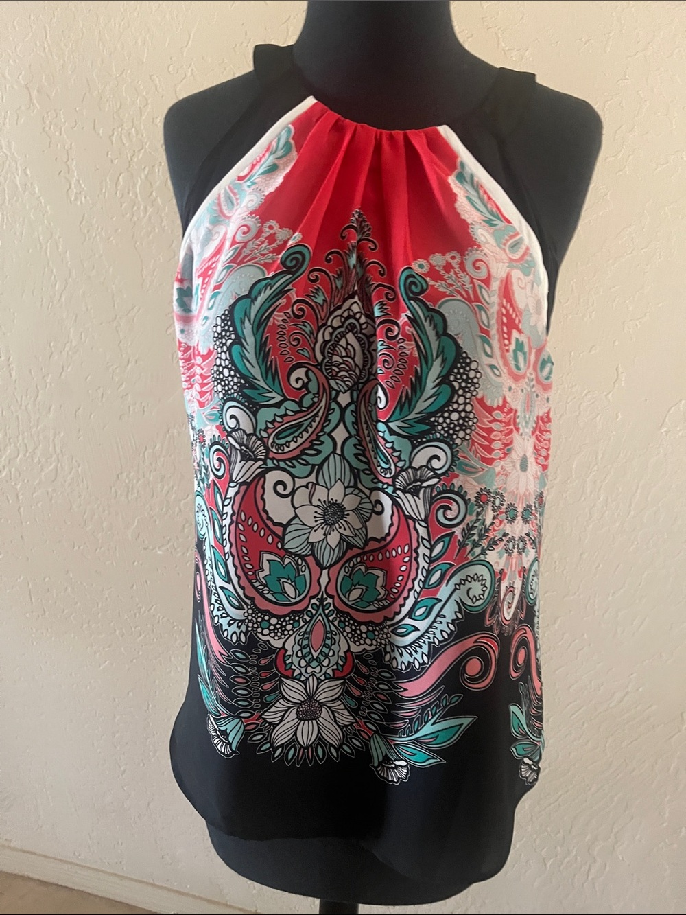 New York & Company Red, Black, Teal Paisley Halter Top